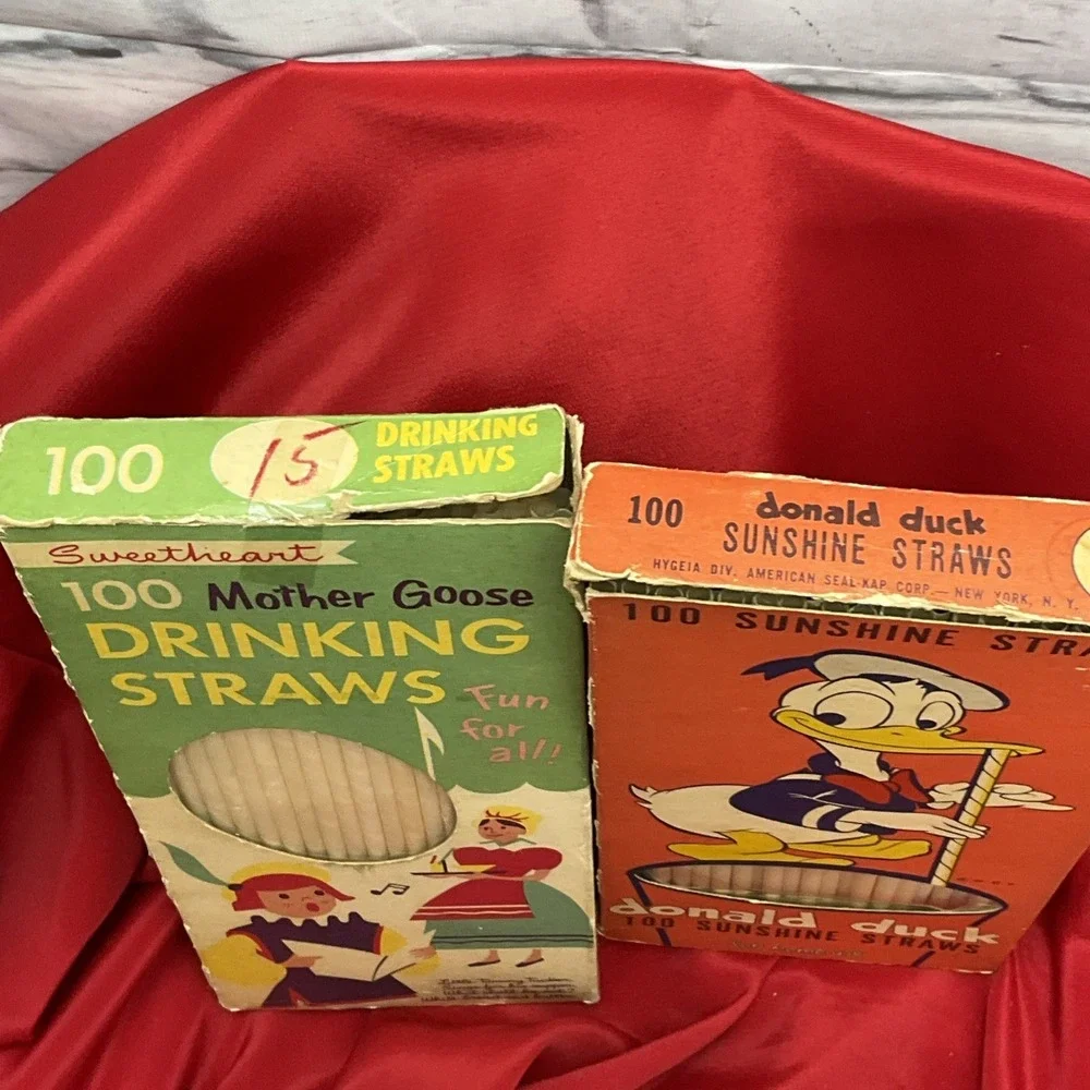 100 Boxed 50 Vintage Plastic Drinking Sunshine Straws Donald Duck & Mother Goose